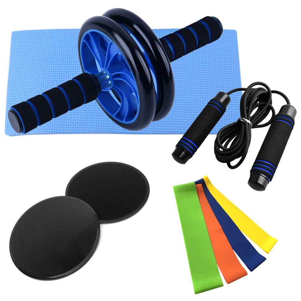 

9 PCS Home Gym Fitness Set Abdominal Roller Wheel Knee Pad Disc Core Slider Resistance Loop Band Jump Rope Pack Kit wheel roller