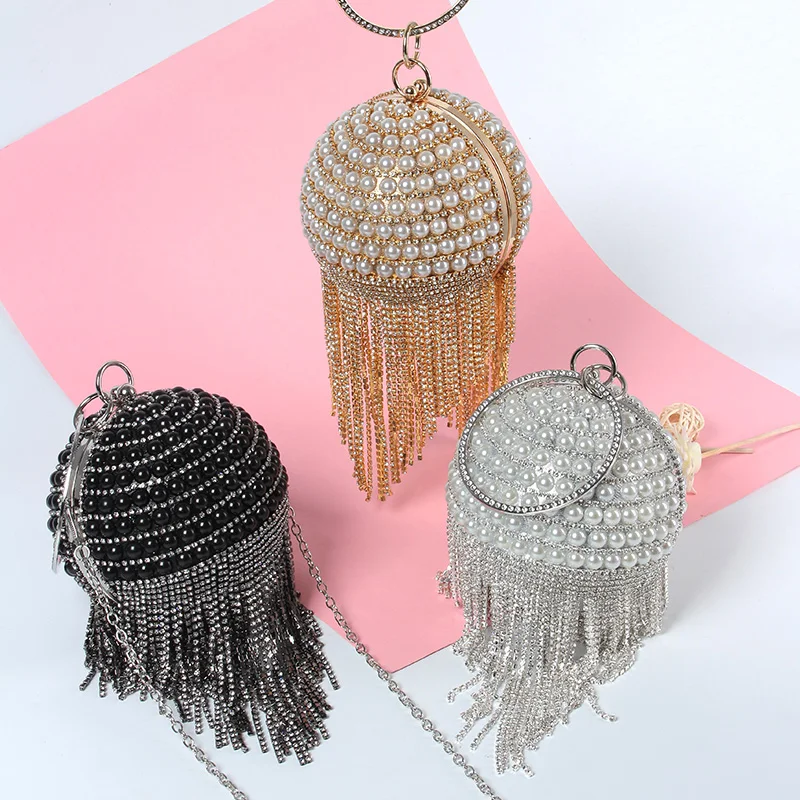 

Wholesale Custom Design Tassel Diamond Clutch Bag Fashion Pearl Handbags and Purse