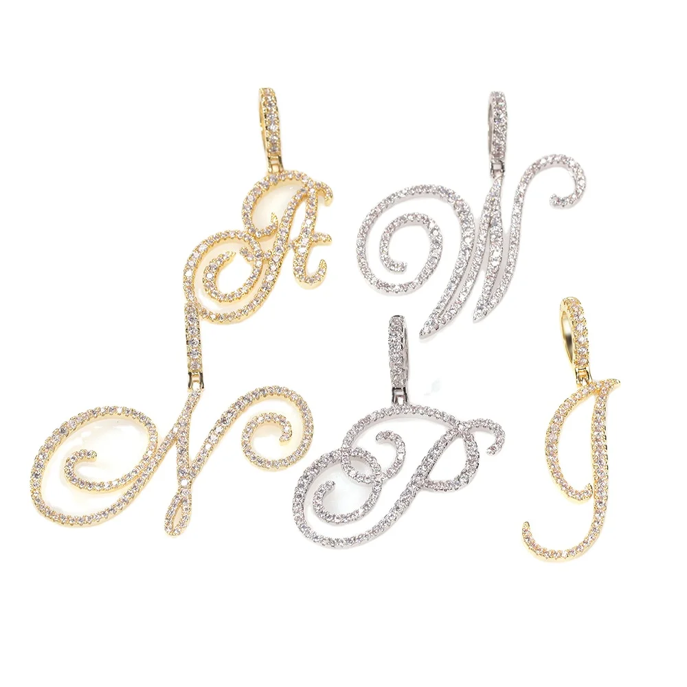 

NEW Fashion Personalized Cursive Letters A-Z Pendant& Necklace Hip Hop Cubic Zircon Charm jewelry for Men Women Gifts, Gold ,silver