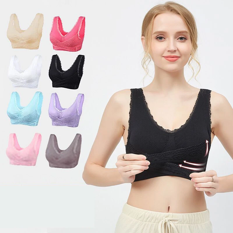 

European and American Hot plus size sports bra front cross side buckle lace sports bra Wire Free push up sports underwear bra, White, red, purple, blue, black, skin color, pink, bean paste purple