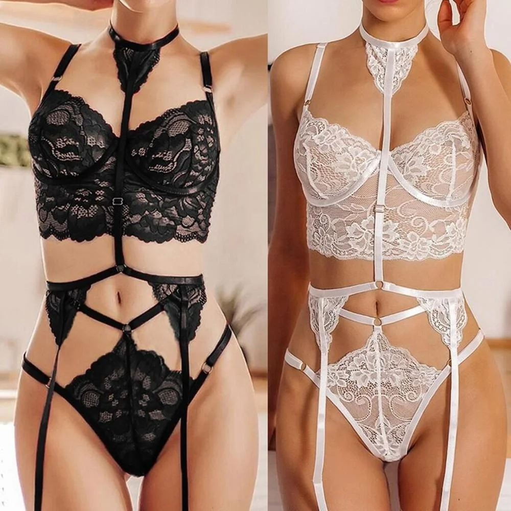 

Wholesale Women's Bodysuits Transparent Transparent Mesh Lace Cup Tie Intimate Apparel Sexy Lingerie thong bikini set, Black, white, accept to custom.