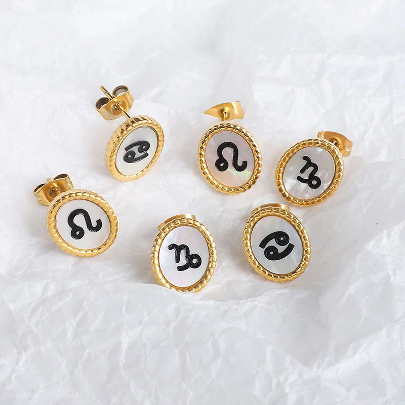 

Wholesale Custom 18K Gold Plated Stainless Steel Women Jewelry Bulk Horoscope Star Shell Zodiac Zodiac Sign Stud Earrings
