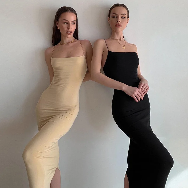 

Summer Solid Color Fashion Suspender Woman Dress Party 2021 New Slim Stretch Elegant French Romantic Dress Without Sleeve