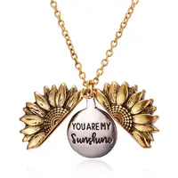 

2020 Wholesale Antique Gold Silver Personalized fashion You Are My Sunshine Sunflower custom logo open locket necklace
