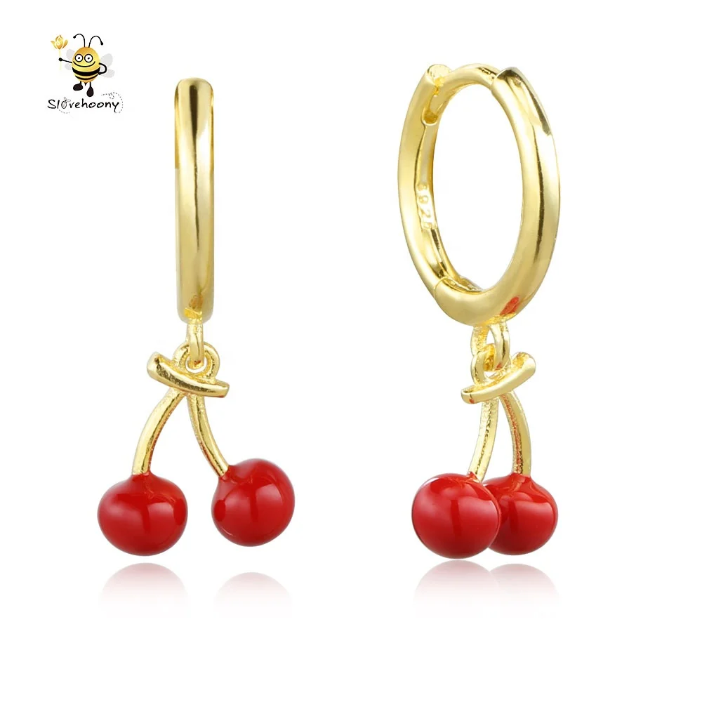 

Slovehoony Red Cherry Huggies Hoop Earrings 925 Sterling Silver Enamel Cute Earrings Fruit Huggies Earrings For Woman Jewelry, 18k gold plated