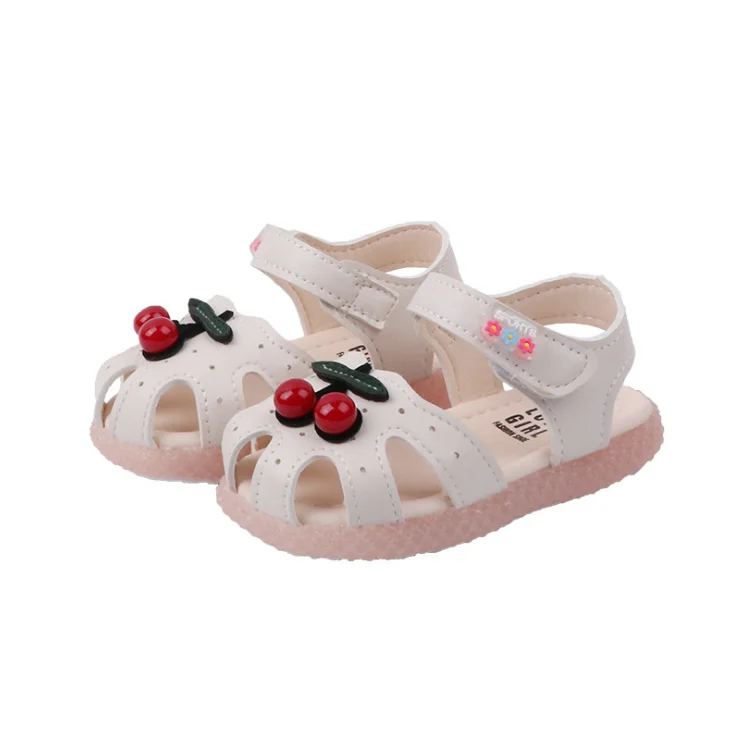 

2021 Summer Hot Sale Cute Little Cherry Baby Sandals Anti-collision Velcro White Pink Two-color Leather Kids Sandals, As pic