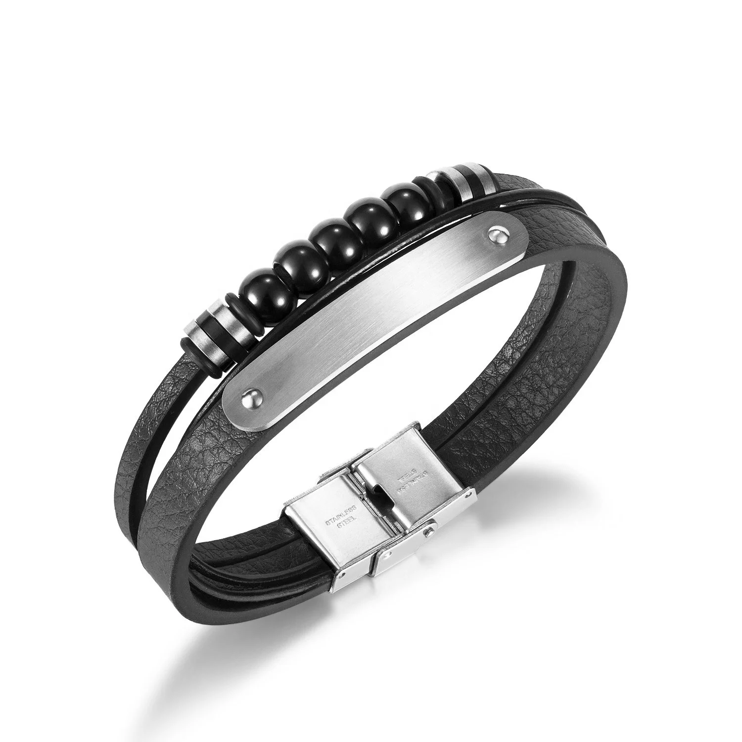 

100% Ture Leather Jewelry Fashion Classic Round Bead Titanium Steel Double Layer Men's Leather Bracelet Men's Bracelets, White, gold