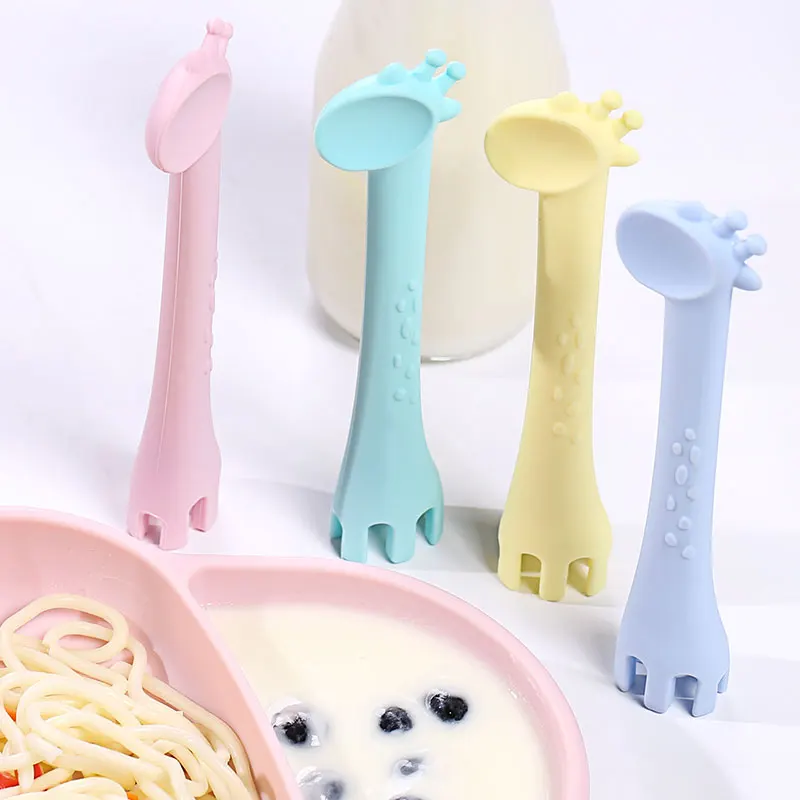 

Newborn BPA Free Cute Giraffe Silicone Baby Training Spoon, Blue green, cream yellow, pastel blue, quartz pink