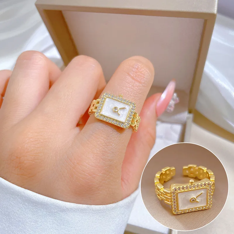 

Trendy Shell Watch Zircon Open Rings Brass Gold Plated Chain Square Watch Shape Finger Ring Jewelry