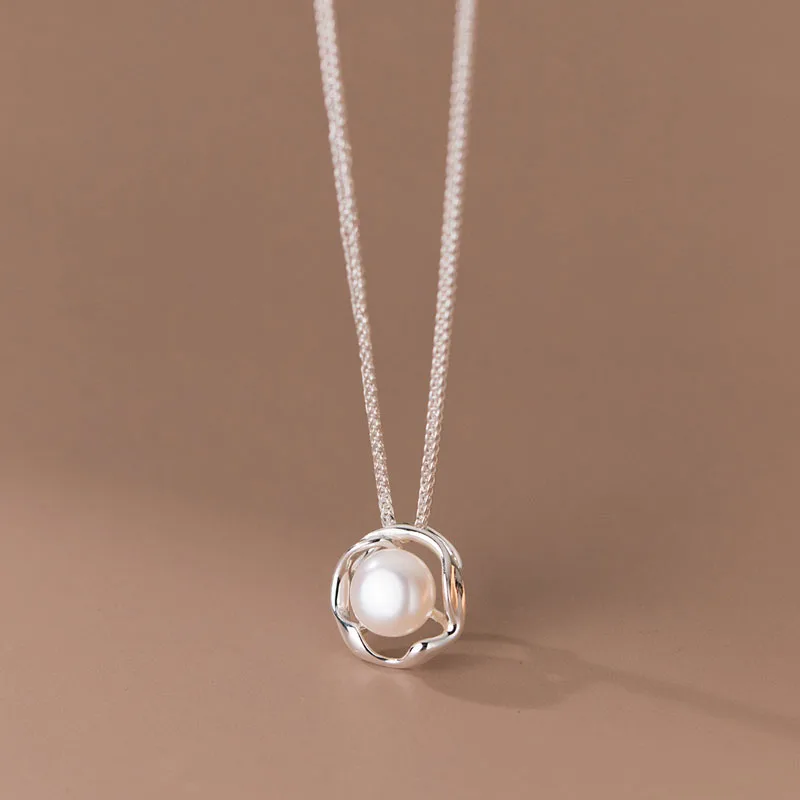 Fashion Geometric 925 Sterling Silver Minimalist Fresh Water Pearl Pendant Necklaces Jewelry