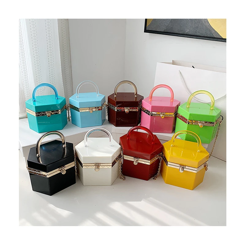 

Trending Hexagon Women Fashion Bags Luxury Designer Handbag Jelly Clutch Purse Candy Color Acrylic Shoulder Crossbody Bags