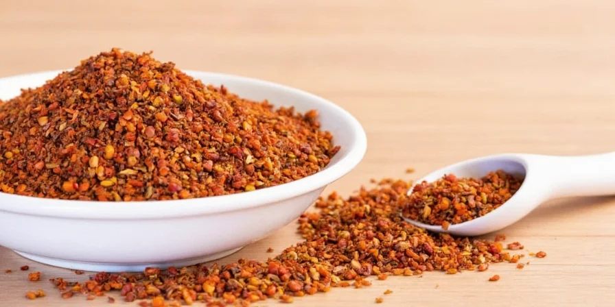 DIY chili flakes in a mortar being ground