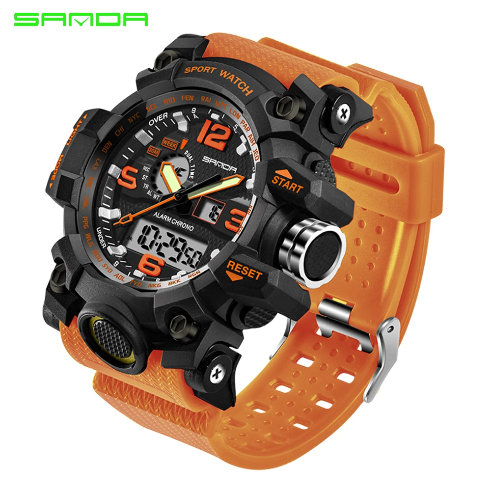 

SANDA 742 trending orange universe digital watch comely Rubber band Luminous dual time Chrono running hand watch