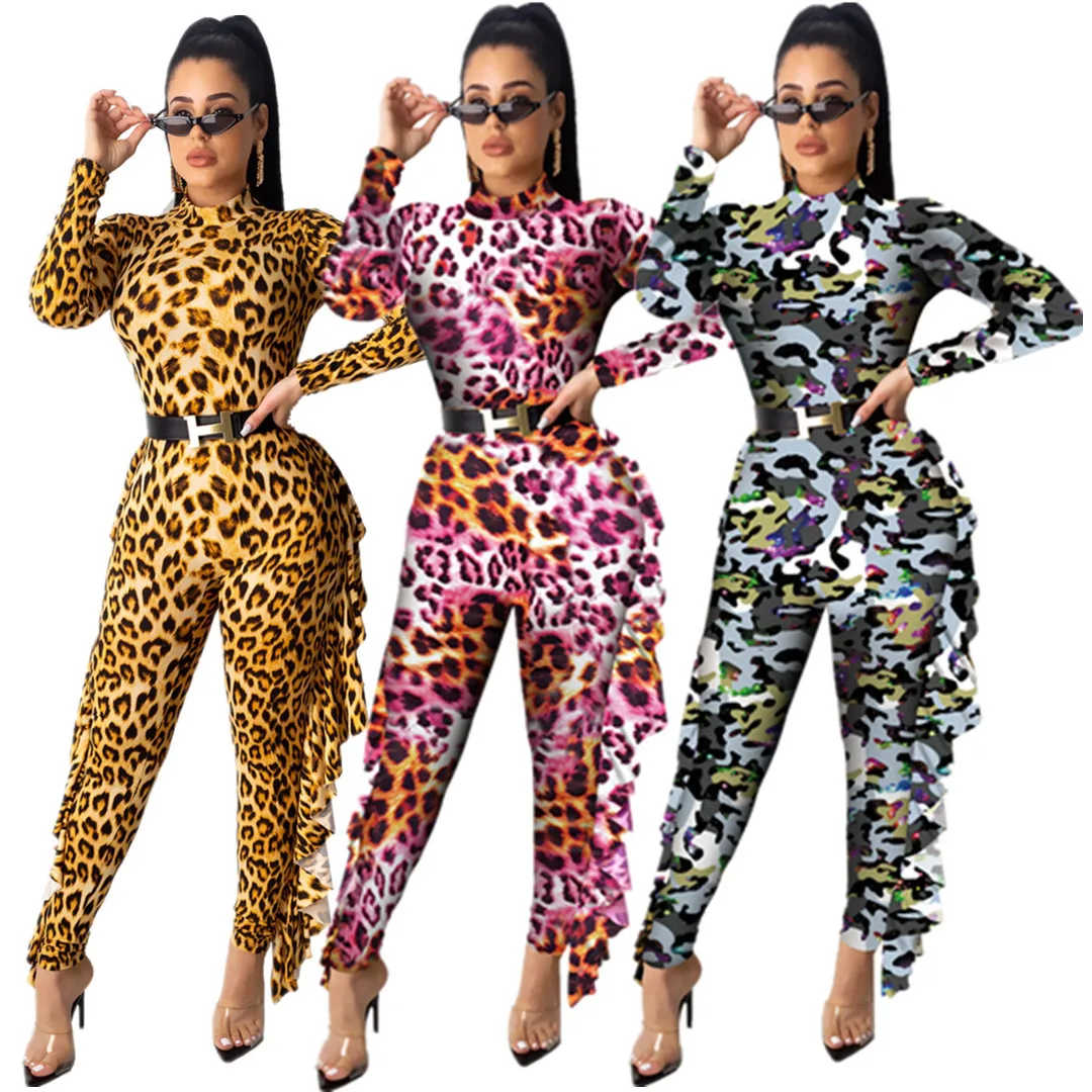 

Ladies commuter high neck long sleeve floral print slim fit ruffled tight-fitting belt belt one-piece trousers women