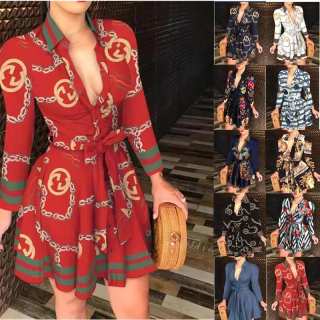 

New Summer Printed Belted Club Party Elegant Dress Floral Blouse Shirt Casual Dresses
