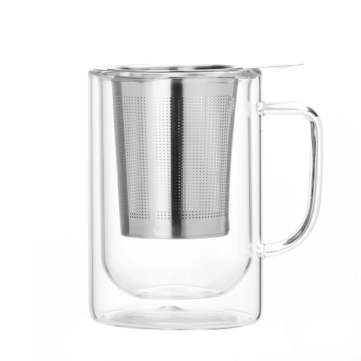 

Round Double Wall Transparent High Borosilicate Glass Tea Class Cup With Stainless Steel Filter 300ml