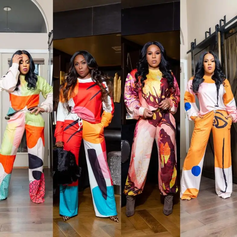 

Ready to ship Long Sleeve O Neck Sweater Loose Pants Color Blocking Spring 2021 New Arrival Ladies 2 Pieces Set Outfits
