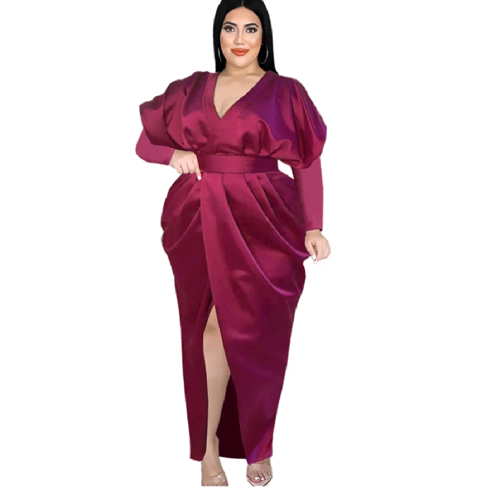 

AM211113 New Arrivals Puff Sleeve V Neck Long Bridesmaid Dress Bandage Slim Closed Waist Burgundy Party Dress Evening Dress