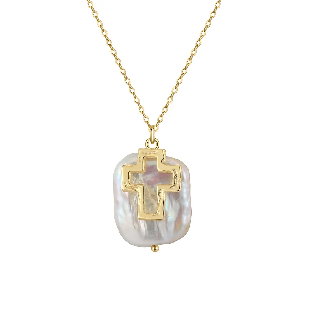 RINNTIN GPN79 925 Sterling Silver Baroque Square Cultured Freshwater Pearl with Hollow Cross Pendant Necklace