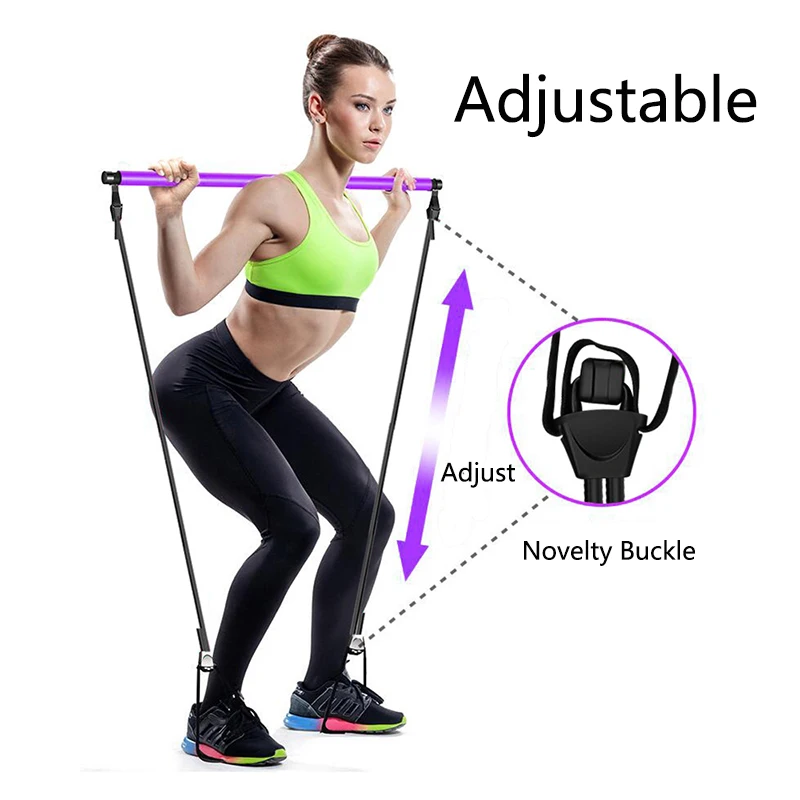 

Amazon Adjustable portable steel weighted pilates exercise gym stick bar set kit muscle toning with foot loop resistance band, Black, pink, red, blue, etc.
