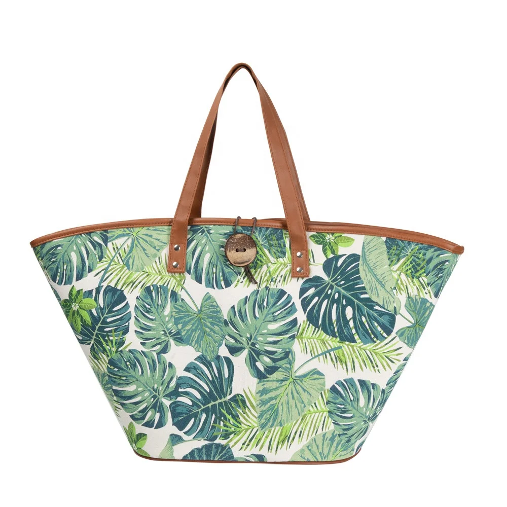

2020 NY stock women unique printing  shoulder canvas with design leaf zipper closure fashion pockets beach tote bag