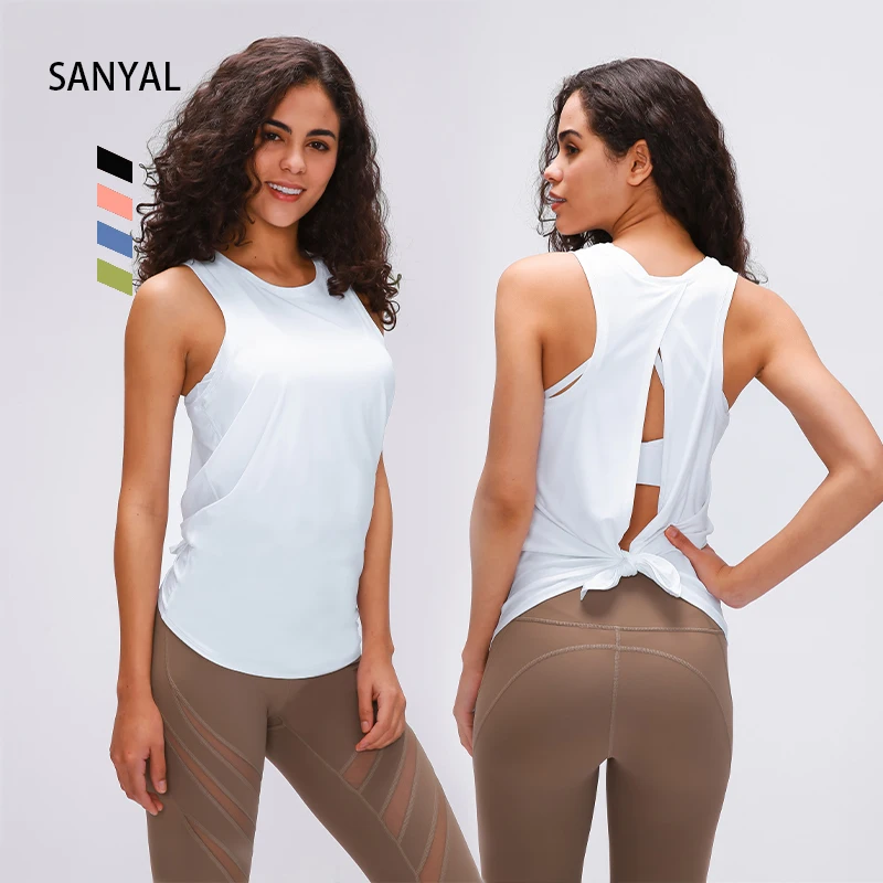 

In-stock Workout Gym Sportswear Breathable Women's Tank Top With Open Back, Pink ,grey, brown, green, white, black, customized