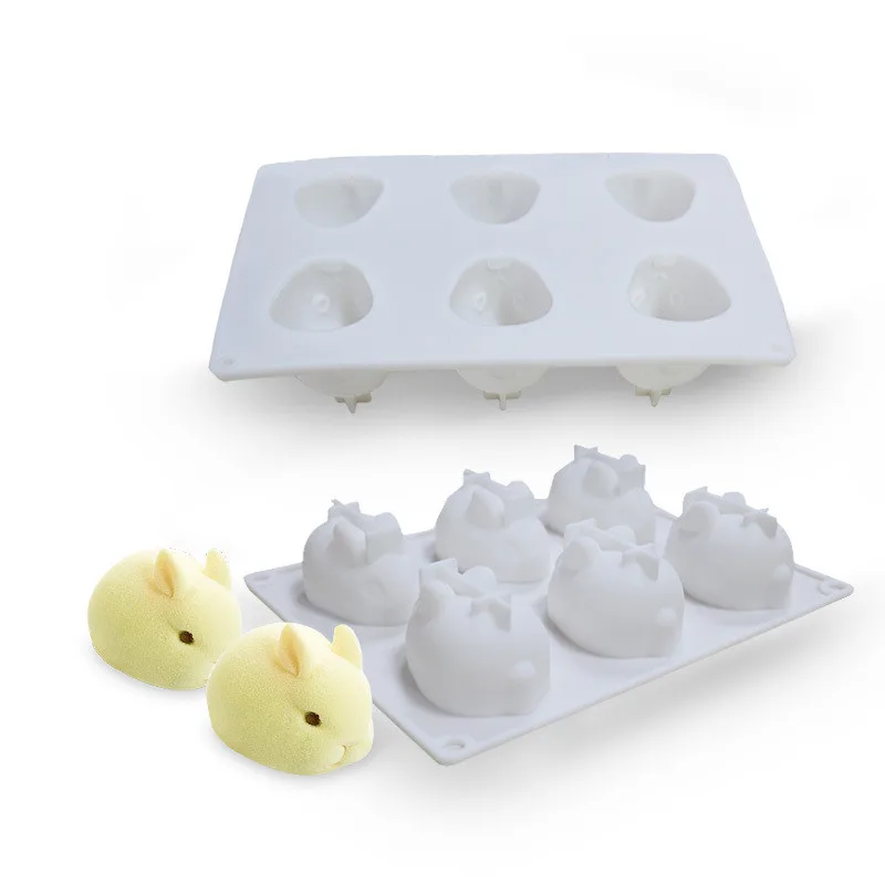 

0800 6 hole 3D bunny pudding chocolate handmade soap mold diy silicone baking mousse cake tool, White