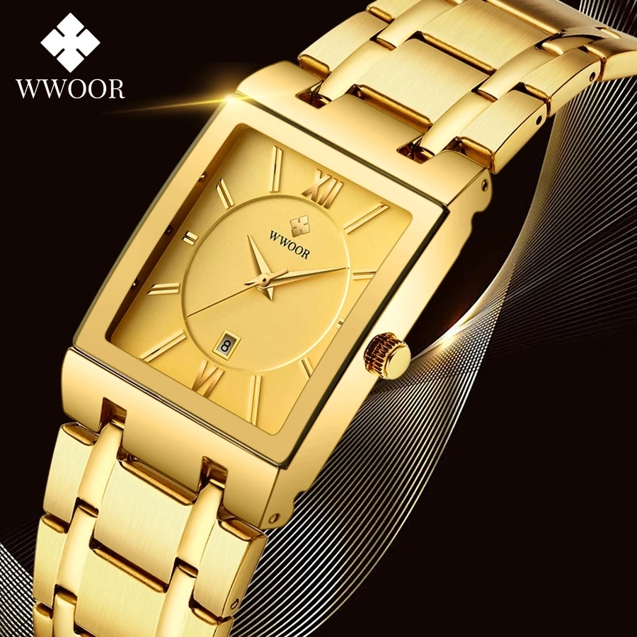 

8858 Full Gold Square Waterproof Calendar Mens Watches Stainless Steel Wrist Watch Relogio Masculino Oem Factory