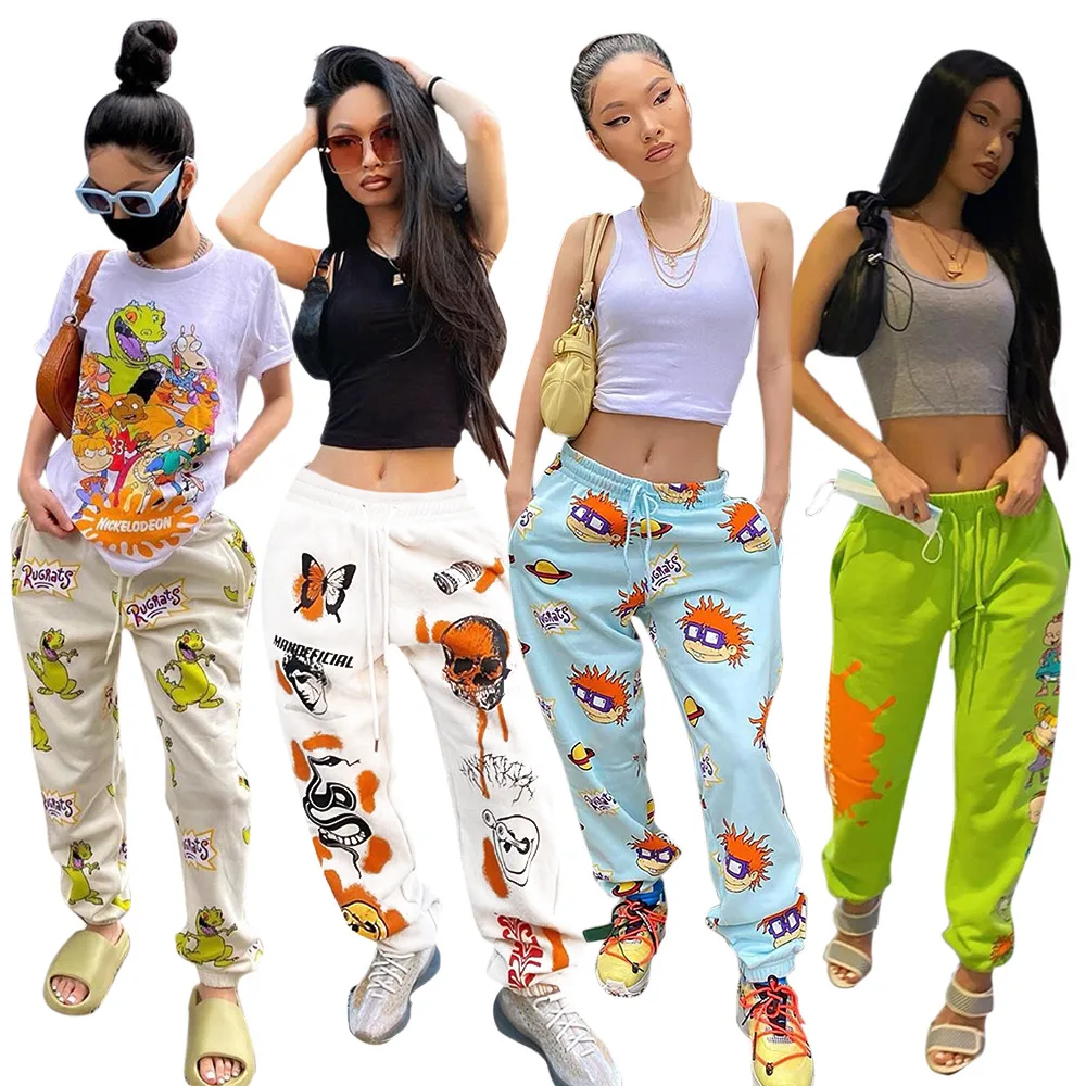 

2021 autumn and winter hot models, characteristic cartoon print high waist ladies leisure sports sweater pants