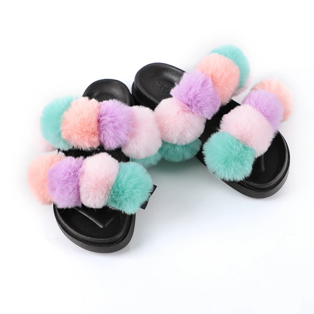 

2021 Fashion Color Matching fox double strap slides flat ladies summer sandals artificial faux fur women's slippers, Many colors