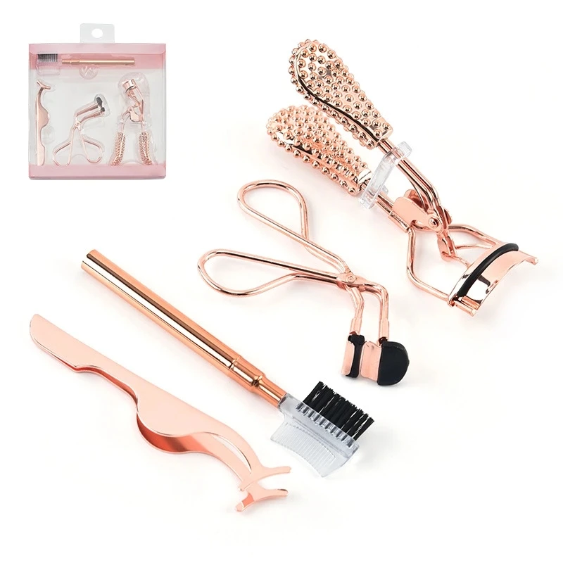 

4 in 1 Women's eyelash curler set with eyelash brush eyelash applicator Stainless steel rose gold PVC retail box 4 pieces Set, Rose golden