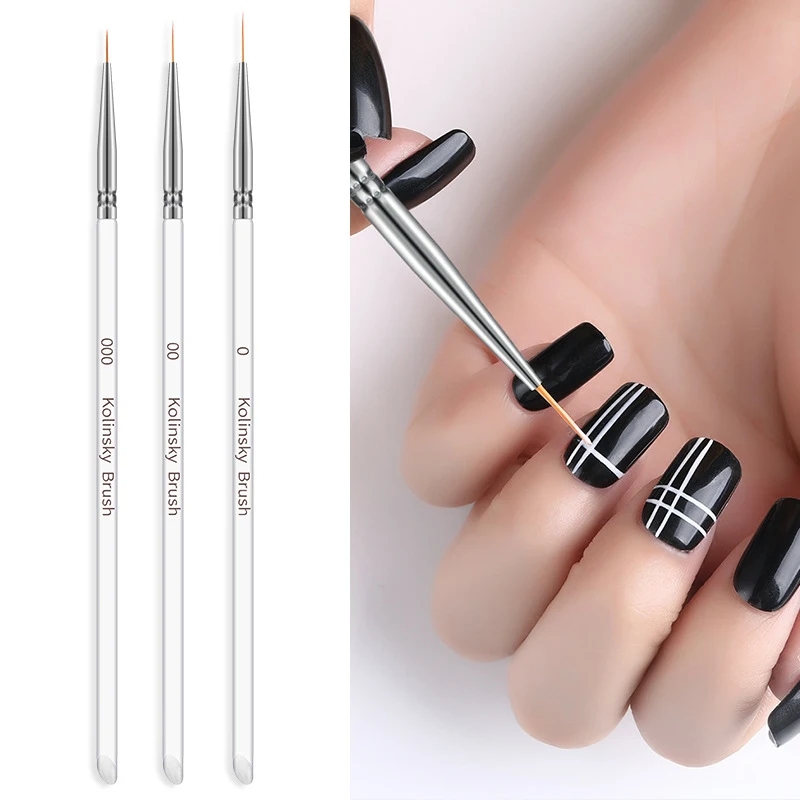 

3Pcs/set Kolinsky Nail Art Brush Crystal Acrylic Thin Liner Drawing Pen Painting Stripes Flower 2 side Nail Art Manicure Tools, Transparent