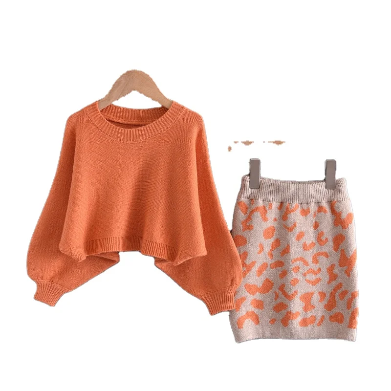 

3272 Autumn Children Kids Baby Girls Clothing Set Knitted Sweater Tops Long Sleeve Tops + Leopard Skirts Sports Clothes Suit, As picture
