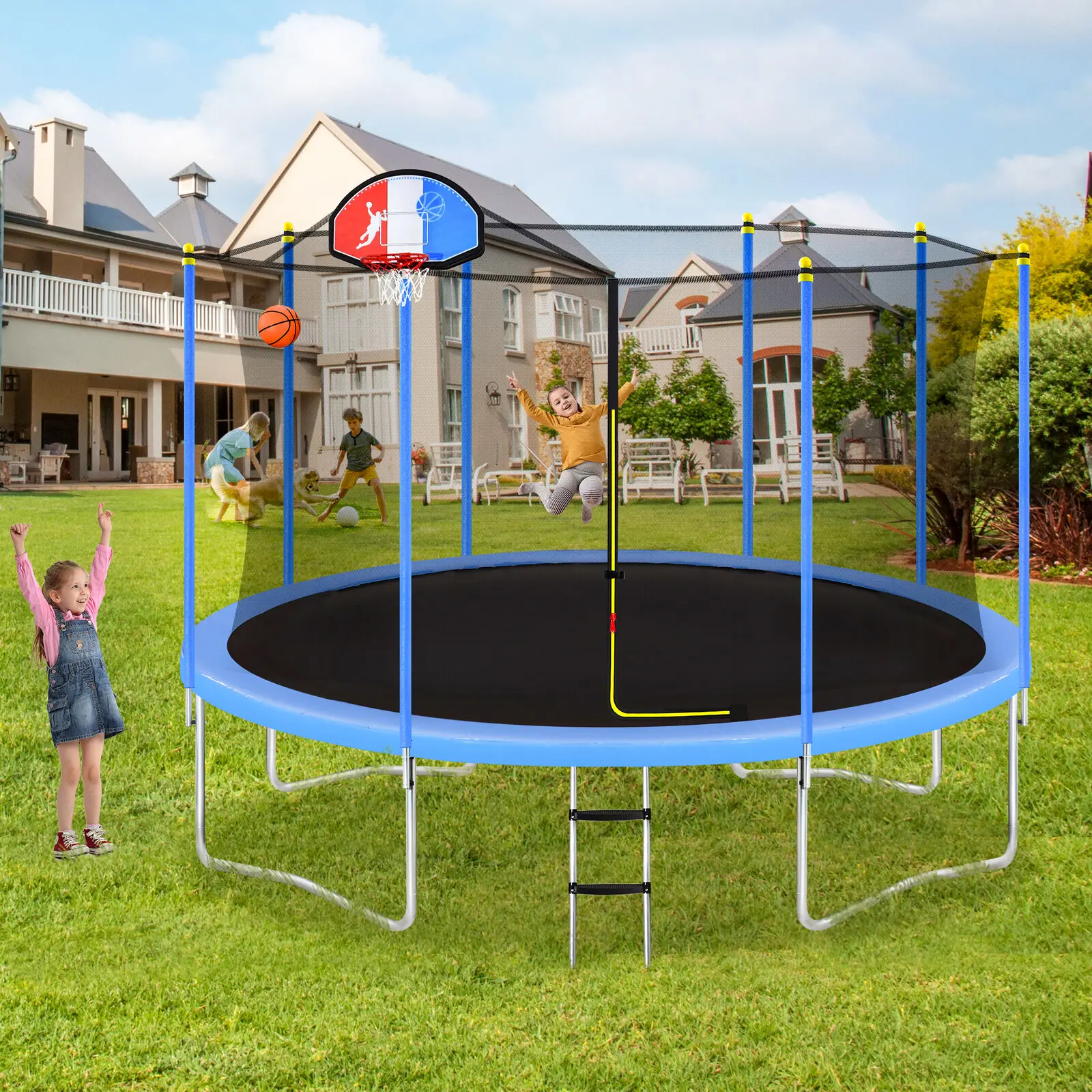 

12FT Trampoline for Kids with Safety Enclosure Net, Basketball Hoop and Ladder