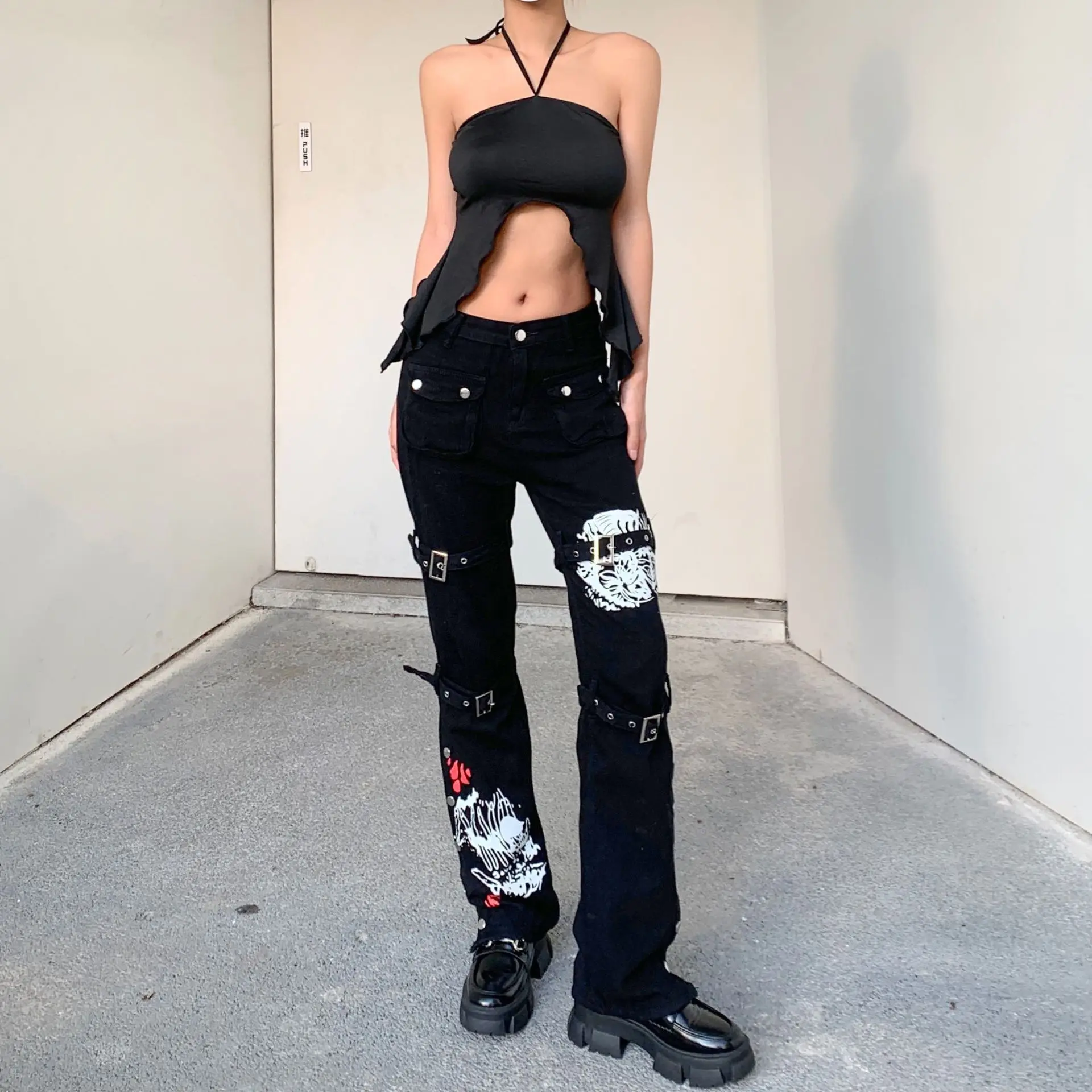 

Ladies casual street cool early autumn design sense printed metal buckle jeans hanging pants, Pictures shows