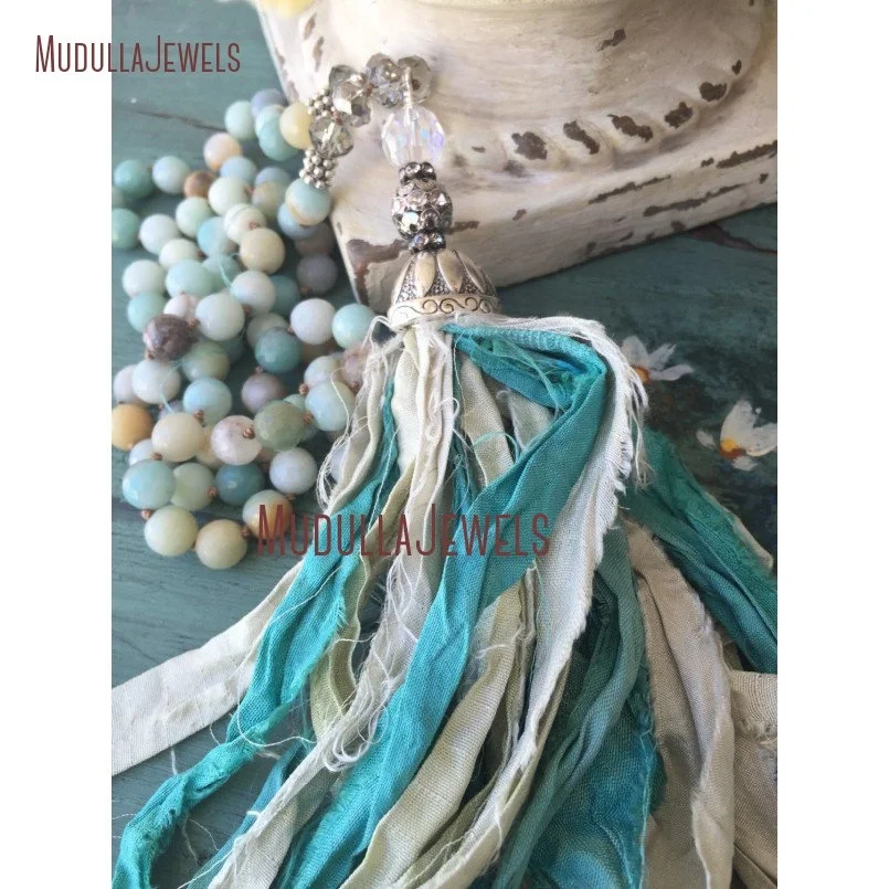 NM11386 Fashion Jewelry Hand Knotted Amazonite Stone Bead Sari Silk Tassel Necklace
