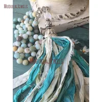 

NM11386 Fashion Jewelry Hand Knotted Amazonite Stone Bead Sari Silk Tassel Necklace