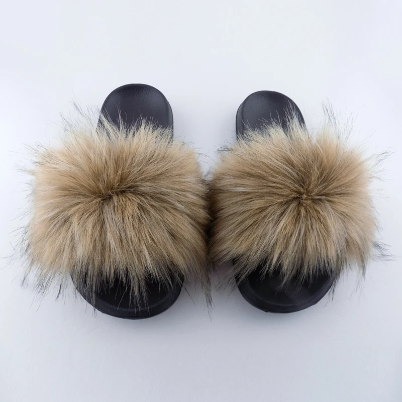 

Furry Faux Raccoon Fur Slides Slippers Sandals for Women, Red ,black ,green ,orange ,brown and so on