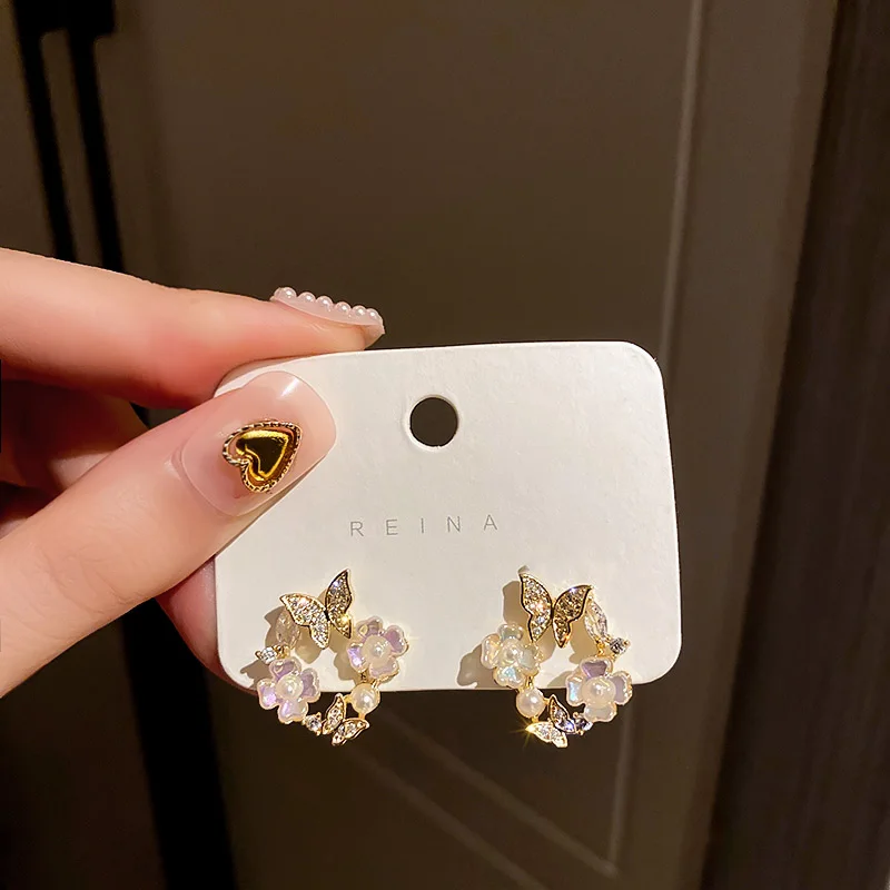 

fashion pearl flower circle butterfly stud earrings crystal