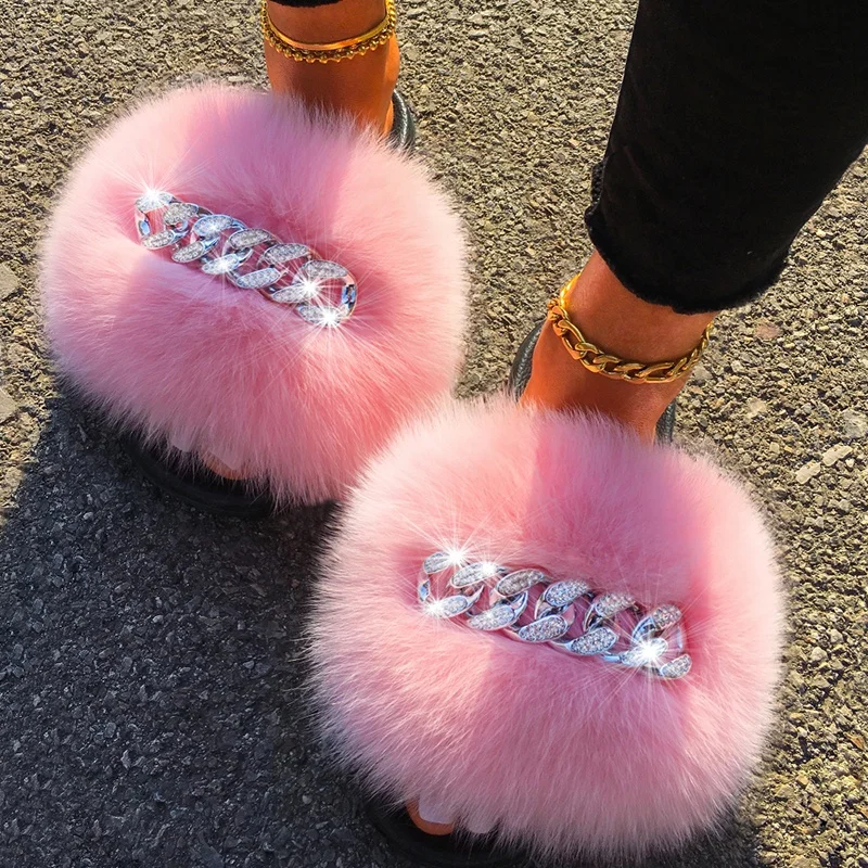 

2021Newest Real Fur Sandals Furry Fur Slippers Fluffy Flip Flops Diamond Chain Fur Slides Ladies House Slippers Beach Flat Shoes