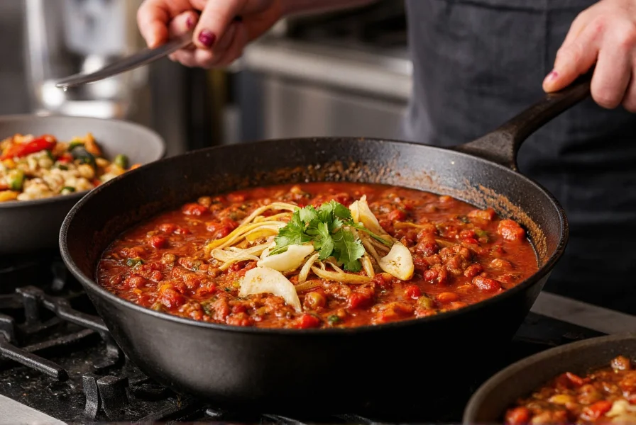 Professional chef preparing Bobby Flay's chili recipe in cast iron pot with ingredients arranged neatly