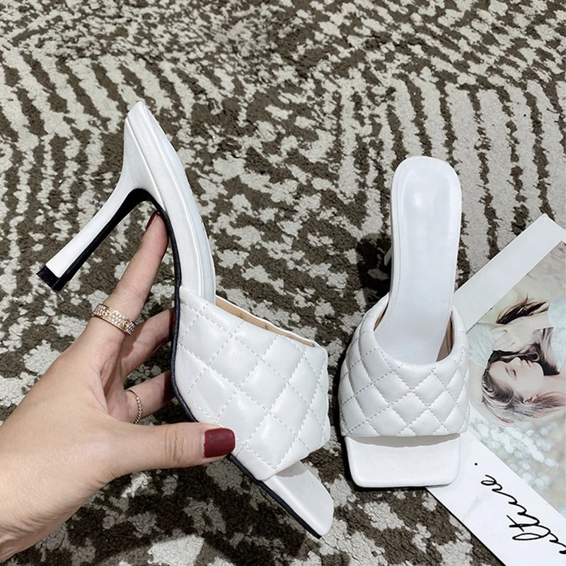 

2020 New Arrival Stiletto High Heels Peep Toe Soft Patent Leather Thin Heels Summer Sandals Slippers Slide Mules Shoes Woman, Green