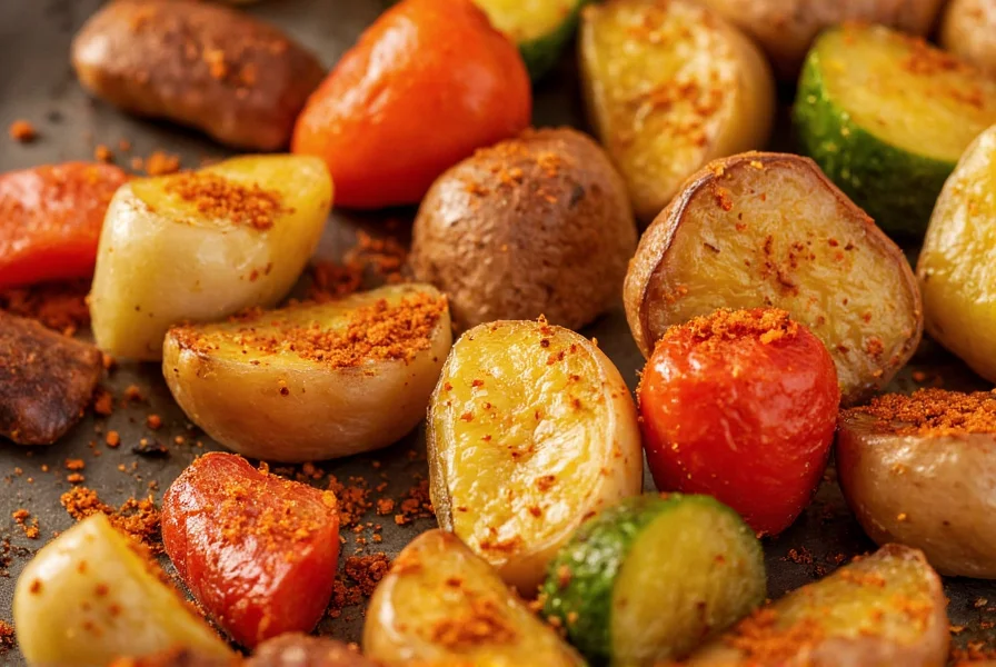 Close-up of cayenne pepper flakes sprinkled over roasted vegetables with olive oil