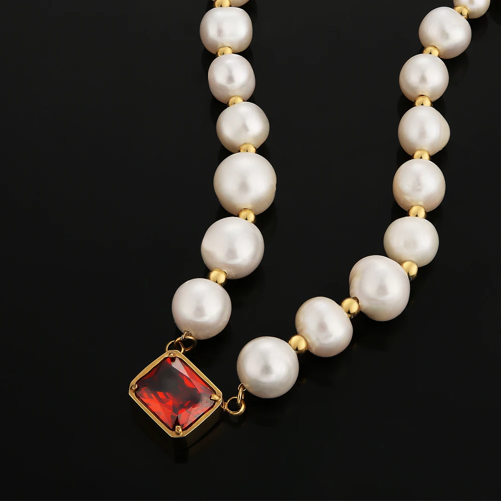 

KRKC Mens Fine Jewelry Dainty Ruby Gemstone Charm Bead Collar Pendant Necklace Stainless Steel 18k Gold Baroque Pearl Chocker