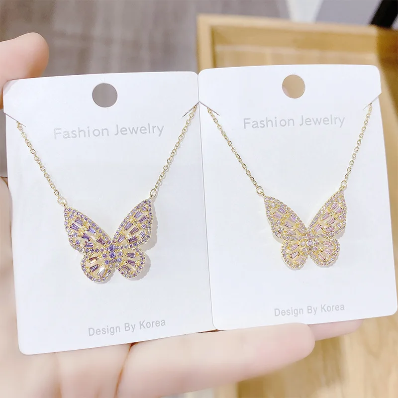 

Exquisite Jewelry Real Gold Plated Cubic Zirconia Butterfly Necklace Multi Colors CZ Zircon Butterfly Pendant Necklace