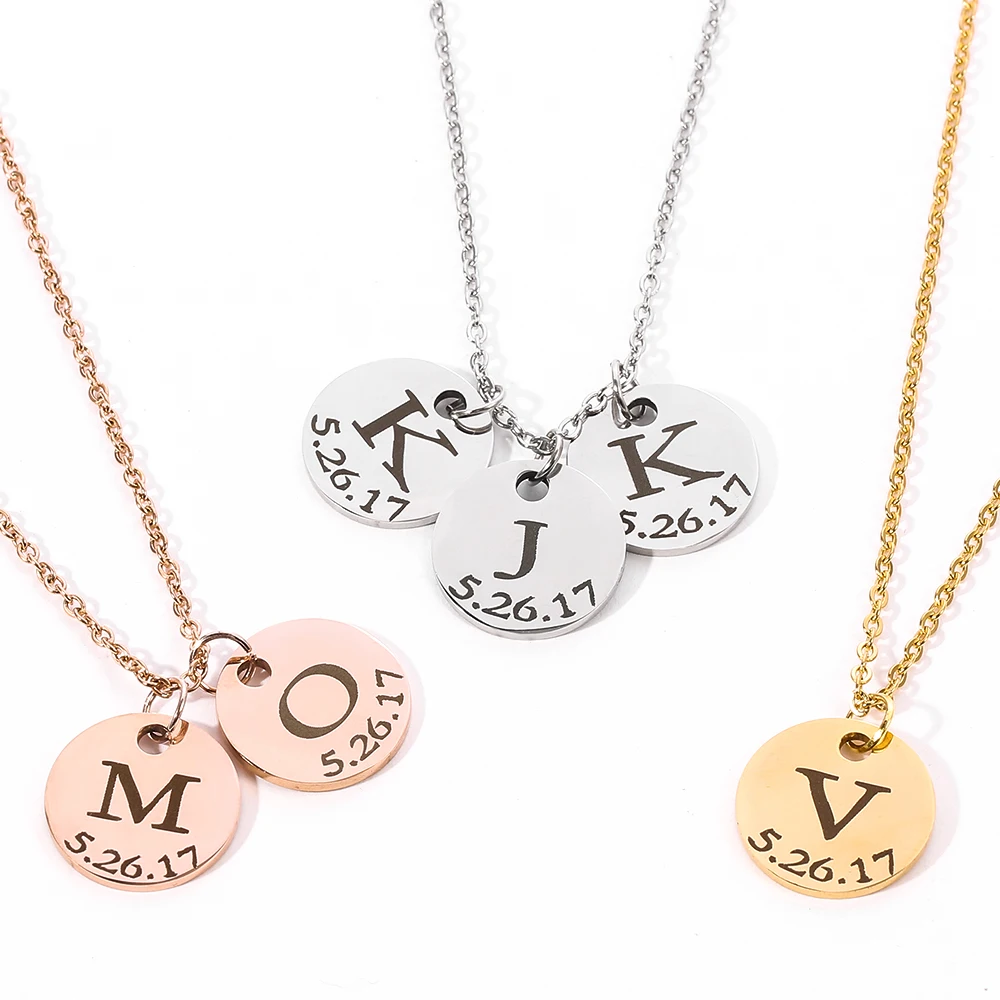 

Personalized Name Initial Necklace Stainless Steel Custom Date Disc Pendant Necklace Women Chocker Collier Femme Girls Gift, Gold,silver,rose gold