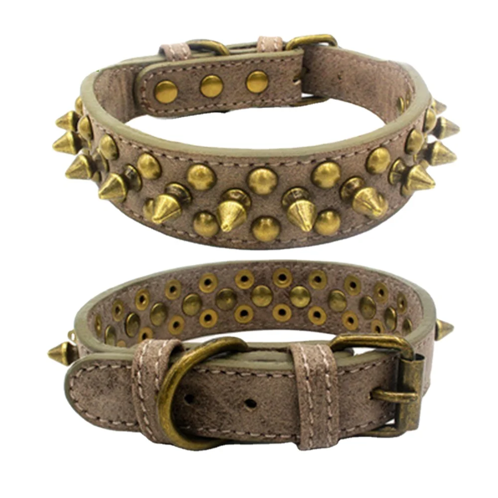 

Coffee Blue Leather Rivet Spike Dog Collar Pets Accesory Adjustable Pet Collar, Coffee, gray, blue,