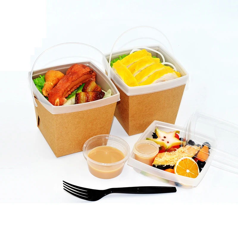 

Disposable Double Layer Lunch Kraft Paper Tableware Takeaway Packaging Round Fast Food Salad Fruit Take Away Box Food