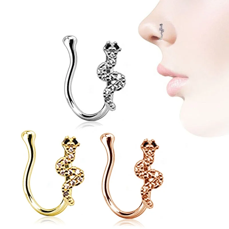 

Topbill OEM sexy nose ring sanke nose cuffs clip on nose hoop CZ non piercing jwelry for woman man, Silver gold