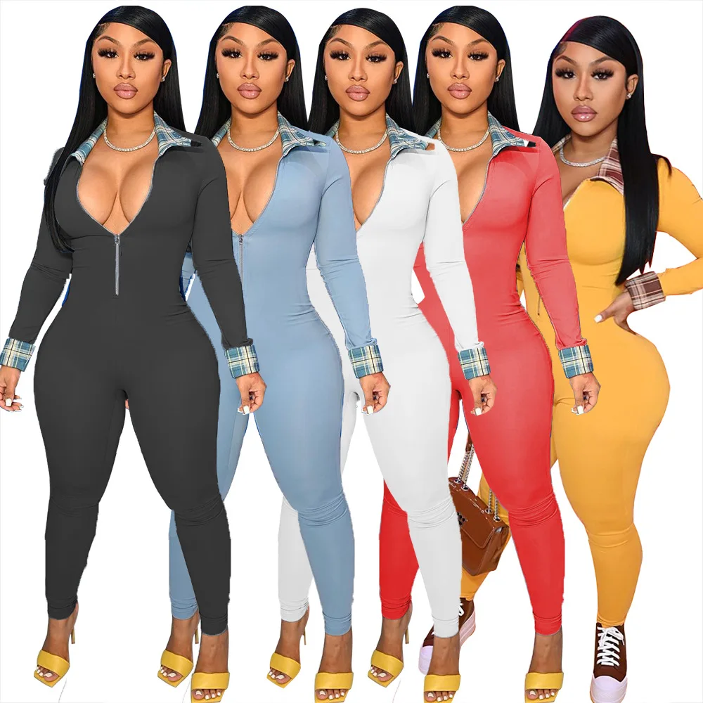 

MD-20220708 2021 Women Winter Joggers and Rompers Bodycon Deep V Neck Joggers One Piece Jumpsuit Tracksuit for Women